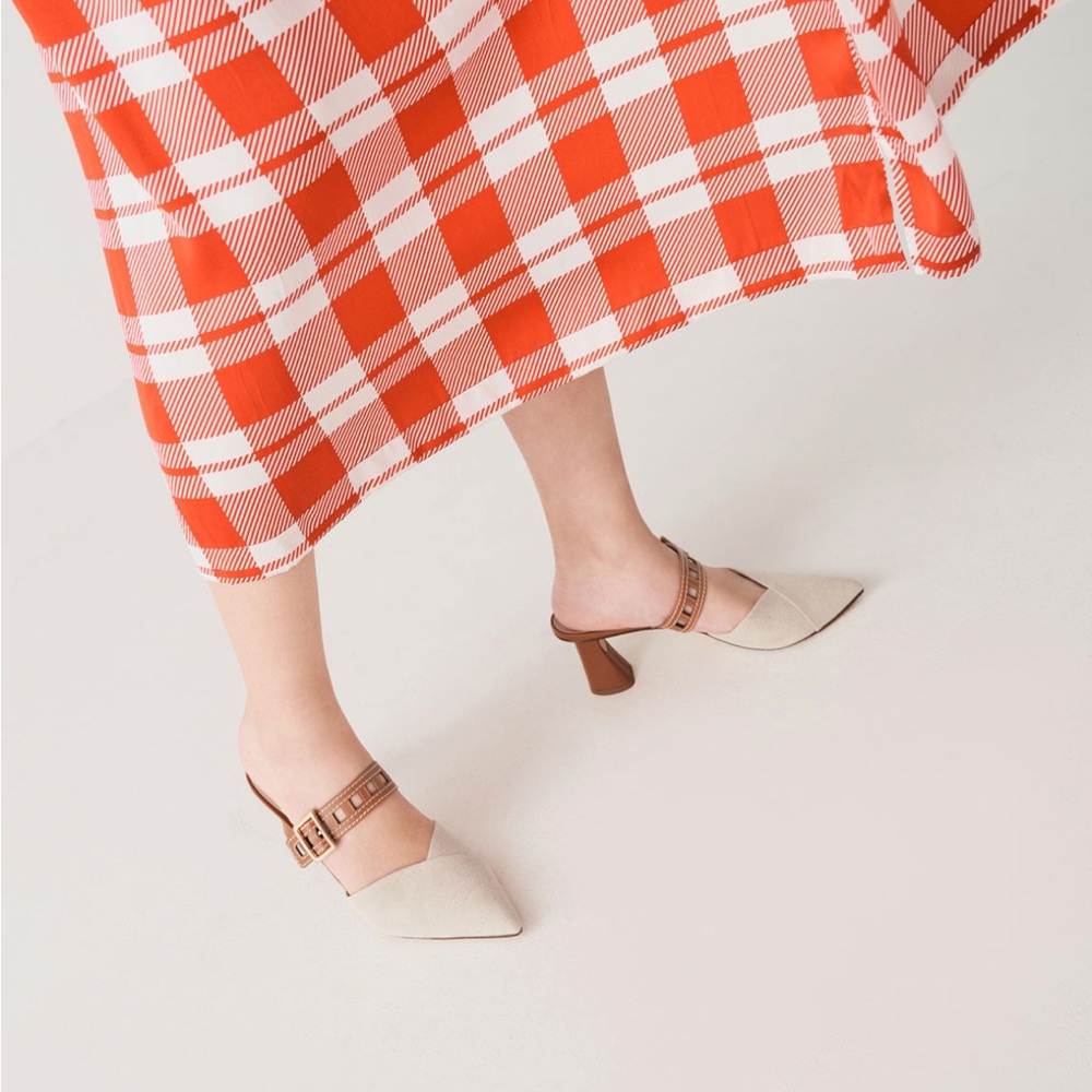 Charles & Keith Beige Pointed-Toe Slingback Heels with Brown Strap - Picture 4 of 10